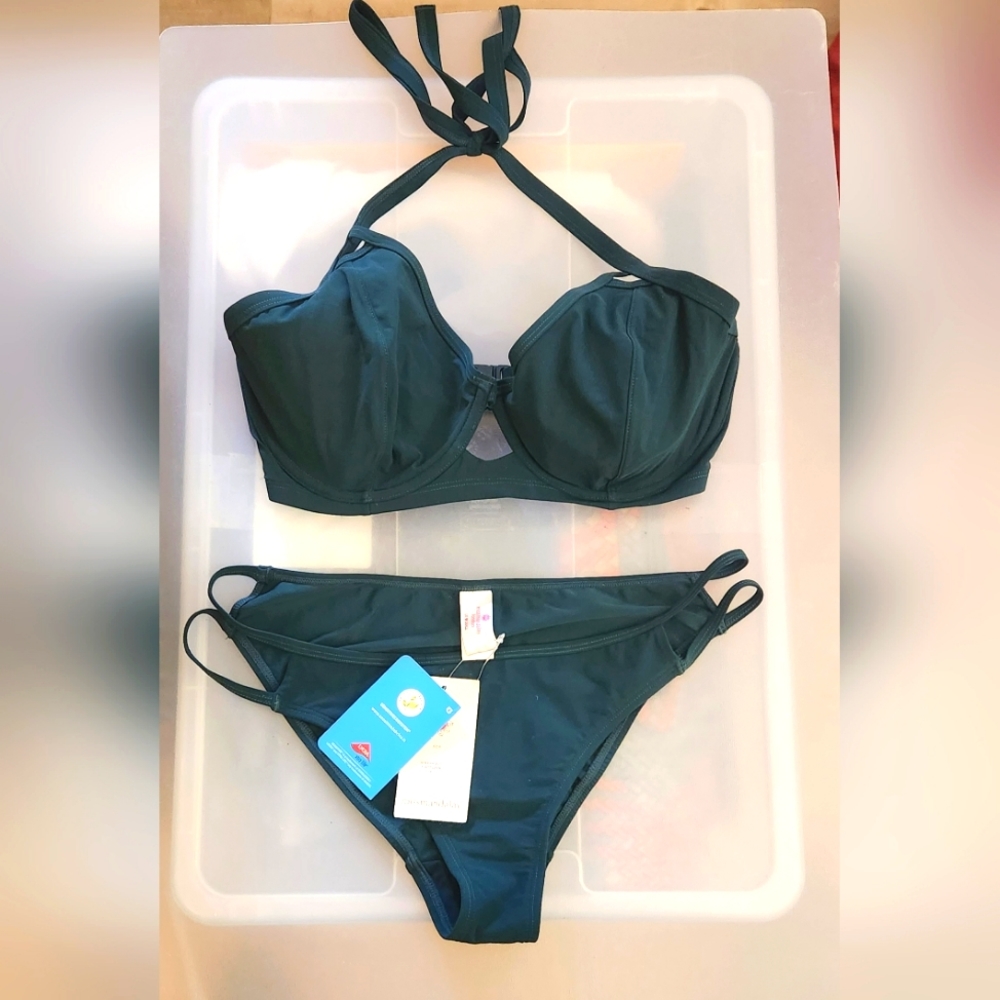 NWT Miss Mandalay Teal Bikini Sz 32FF Top, Sm Bottom
